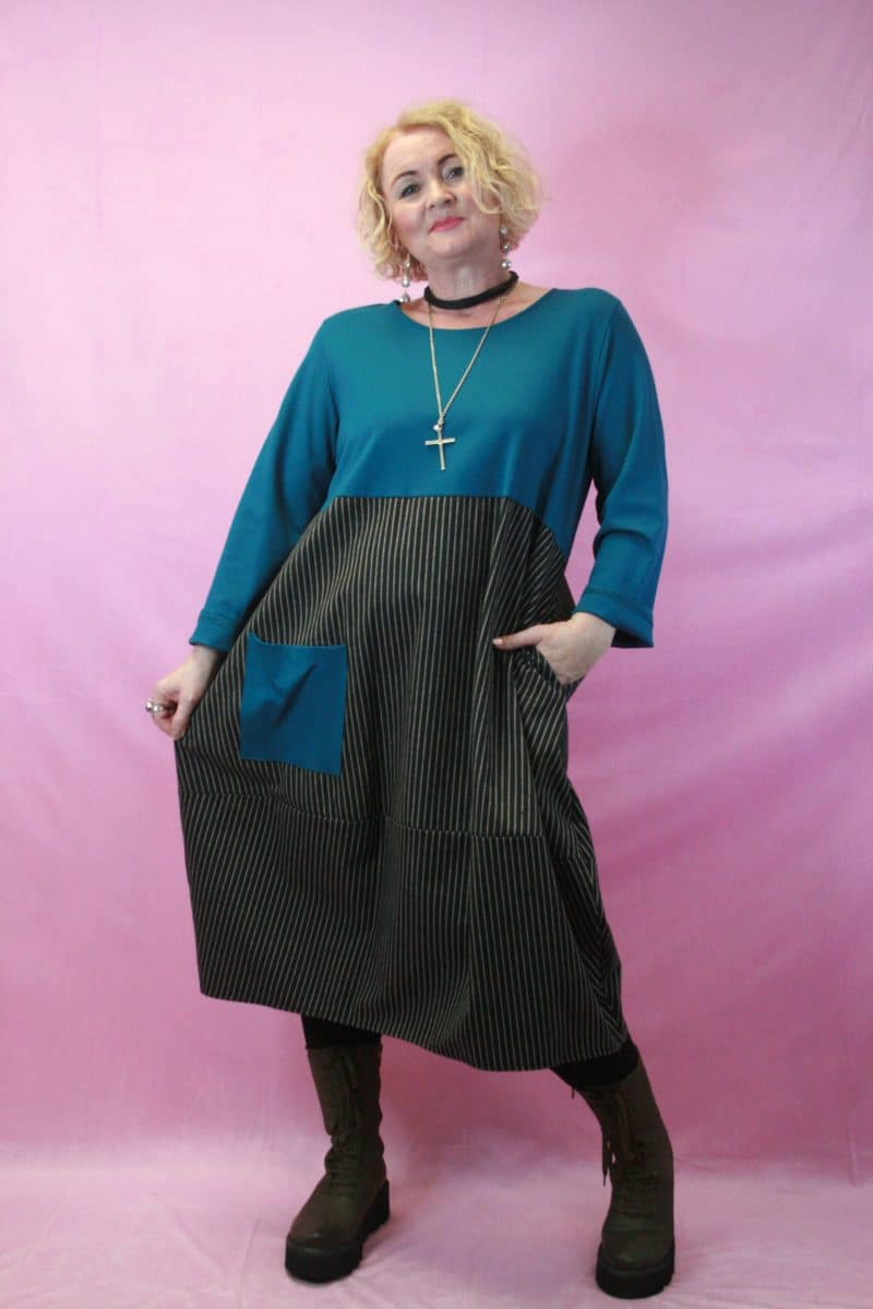 ID Teal / Striped Balloon Hem Pocket Dress O/S