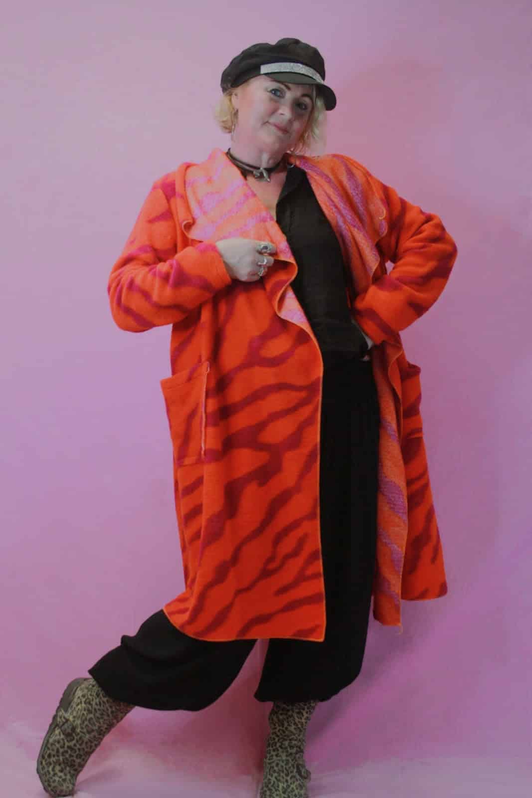 Made in Italy, Bright Orange Striped Waterfall Wool Felt Coat - Image 2