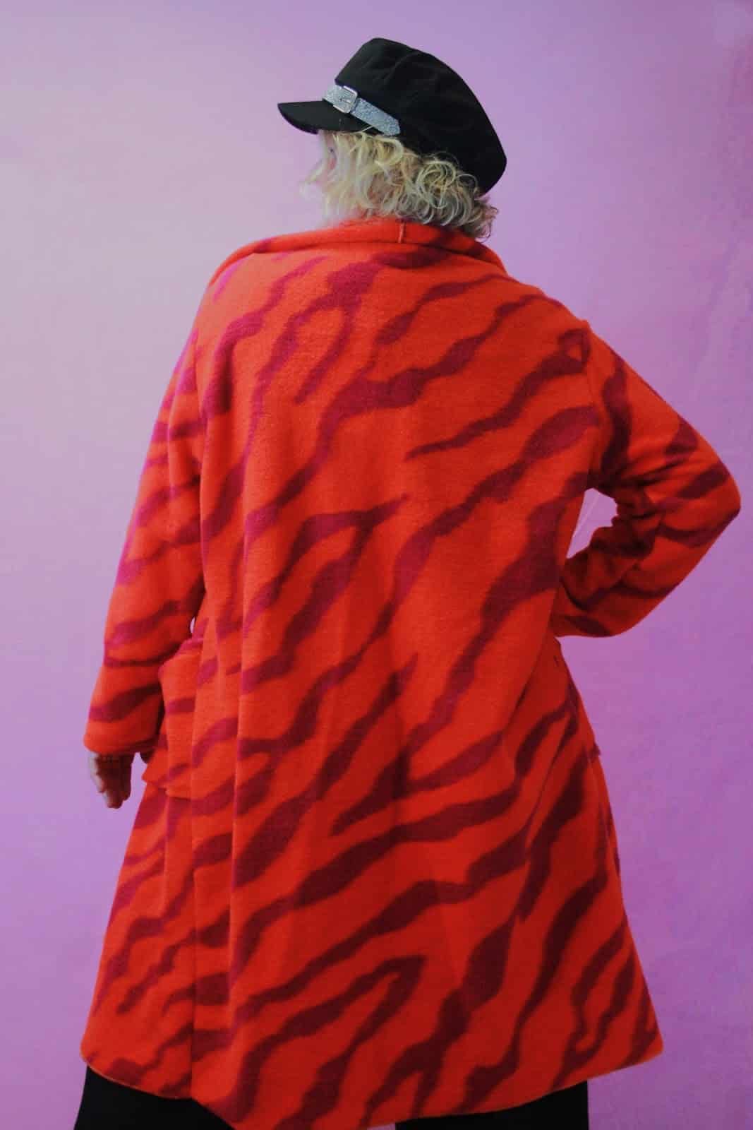 Made in Italy, Bright Orange Striped Waterfall Wool Felt Coat - Image 3