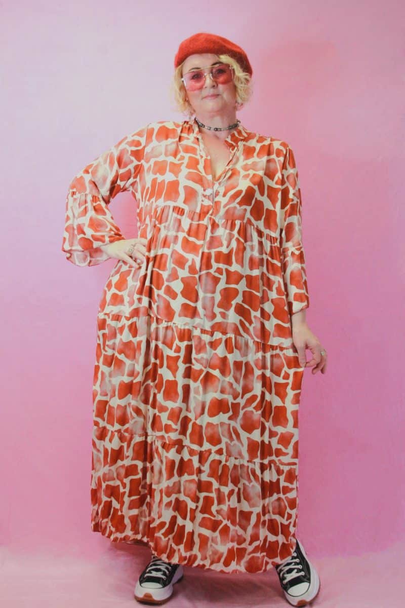 Obsession Giraffe Print Tiered Maxi in Rust. O/S