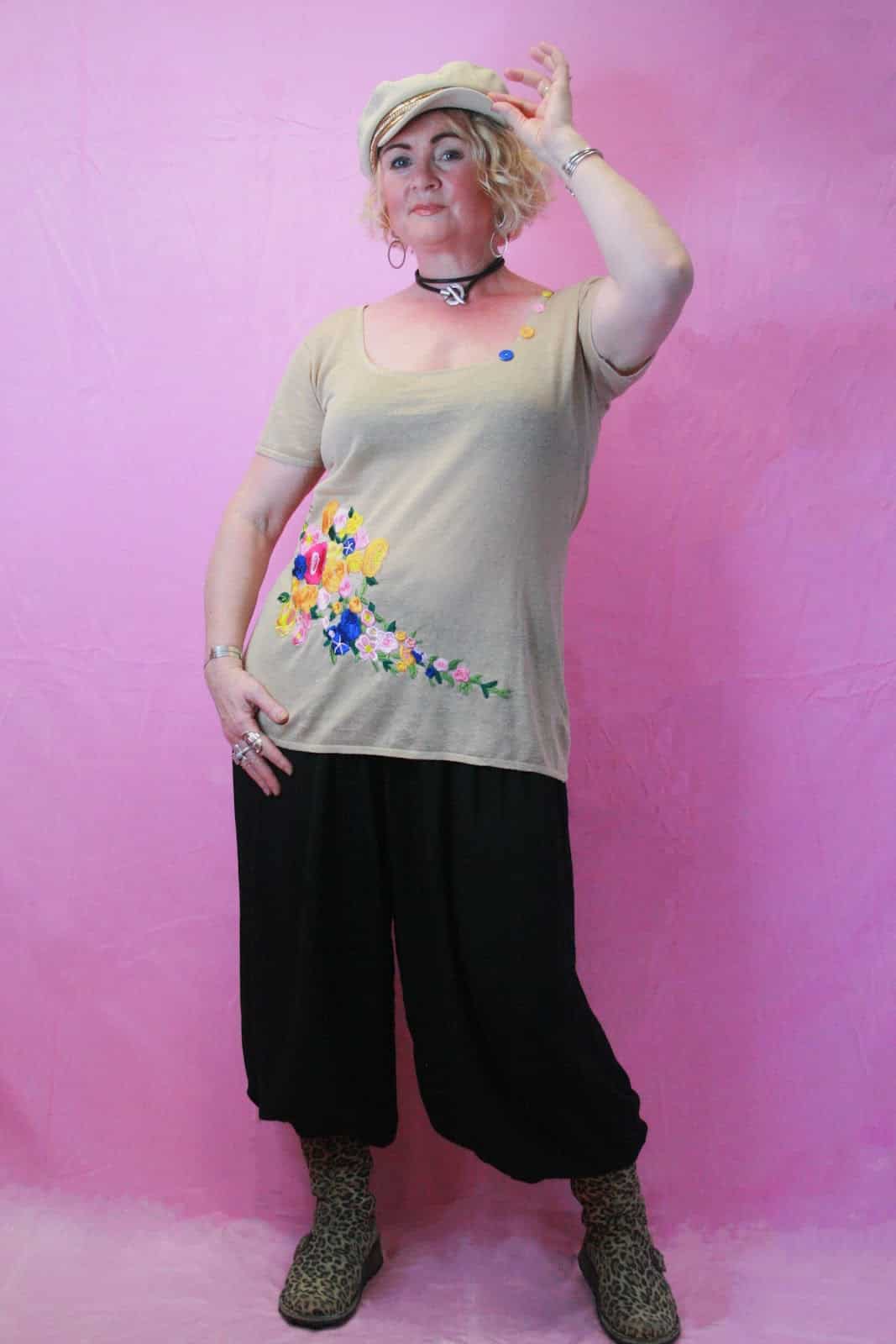 Q is for Quirky Linen Knit Oatmeal Upcycled Knit with embroidery appliqué - Image 6