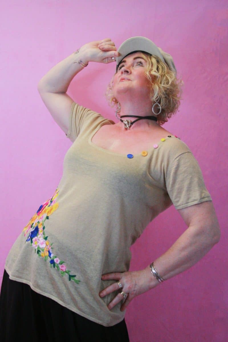Q is for Quirky Linen Knit Oatmeal Upcycled Knit with embroidery appliqué