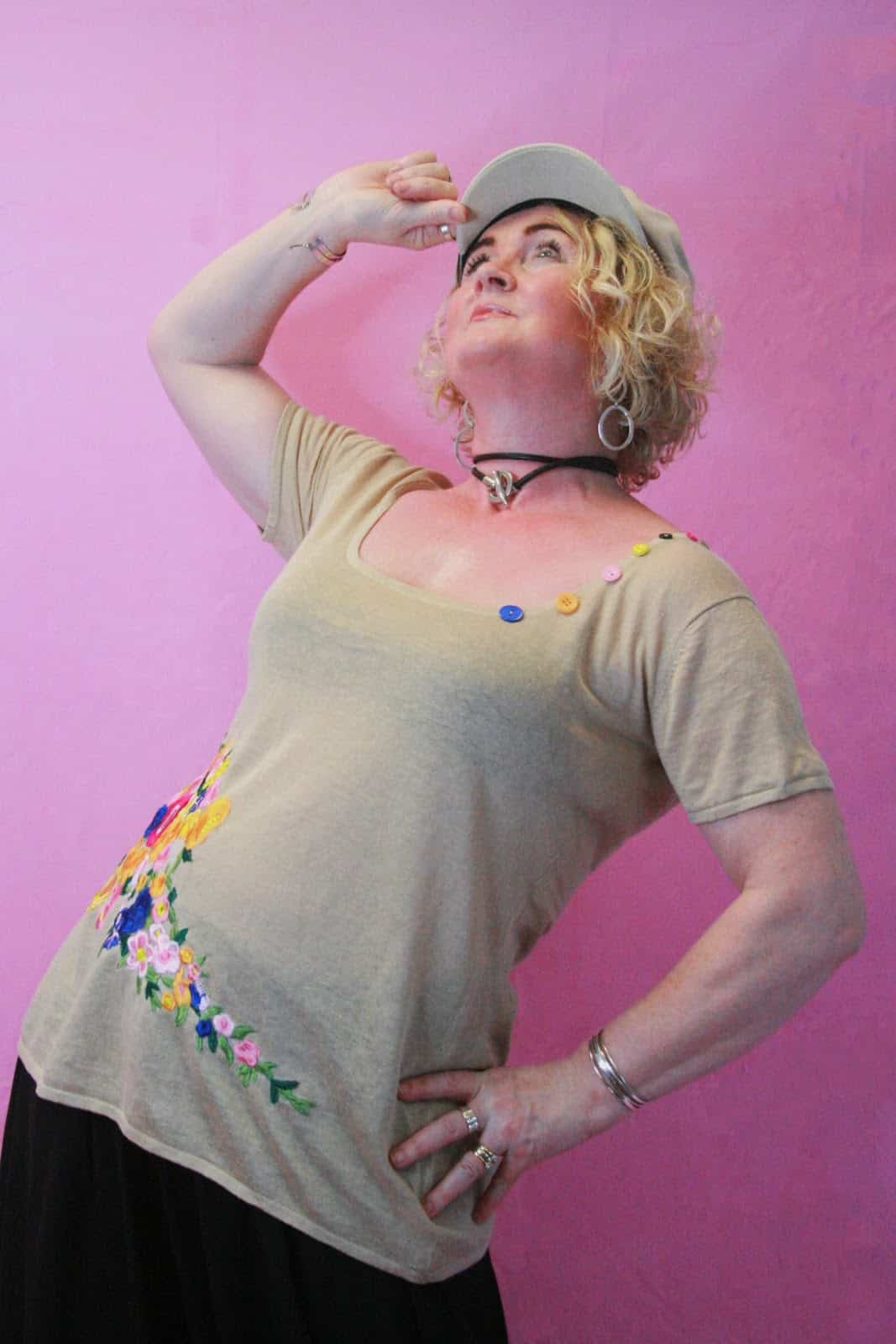 Q is for Quirky Linen Knit Oatmeal Upcycled Knit with embroidery appliqué