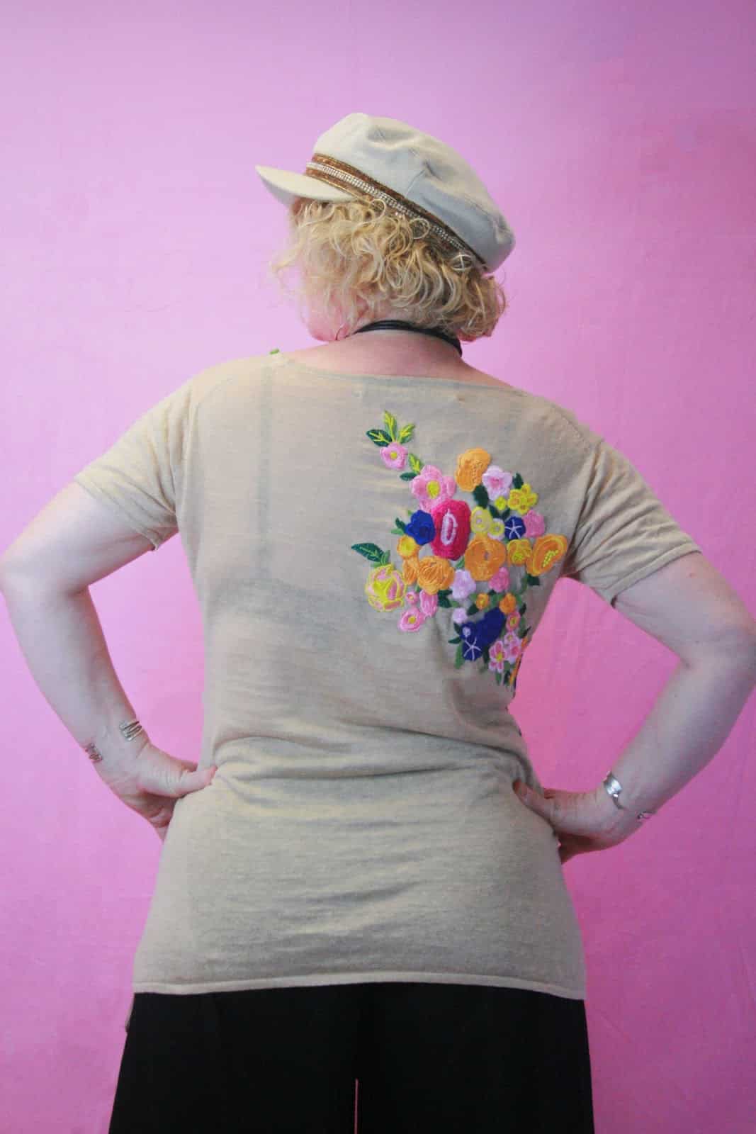 Q is for Quirky Linen Knit Oatmeal Upcycled Knit with embroidery appliqué - Image 2