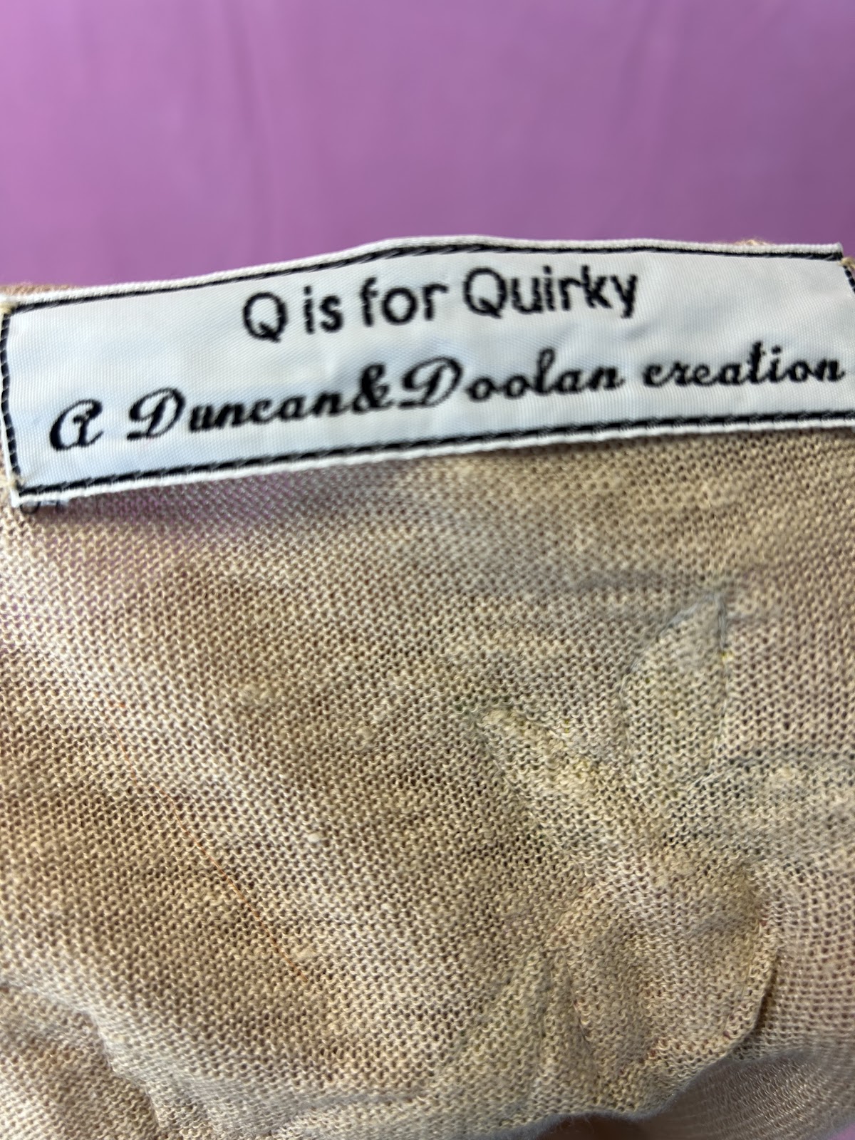 Q is for Quirky Linen Knit Oatmeal Upcycled Knit with embroidery appliqué - Image 5