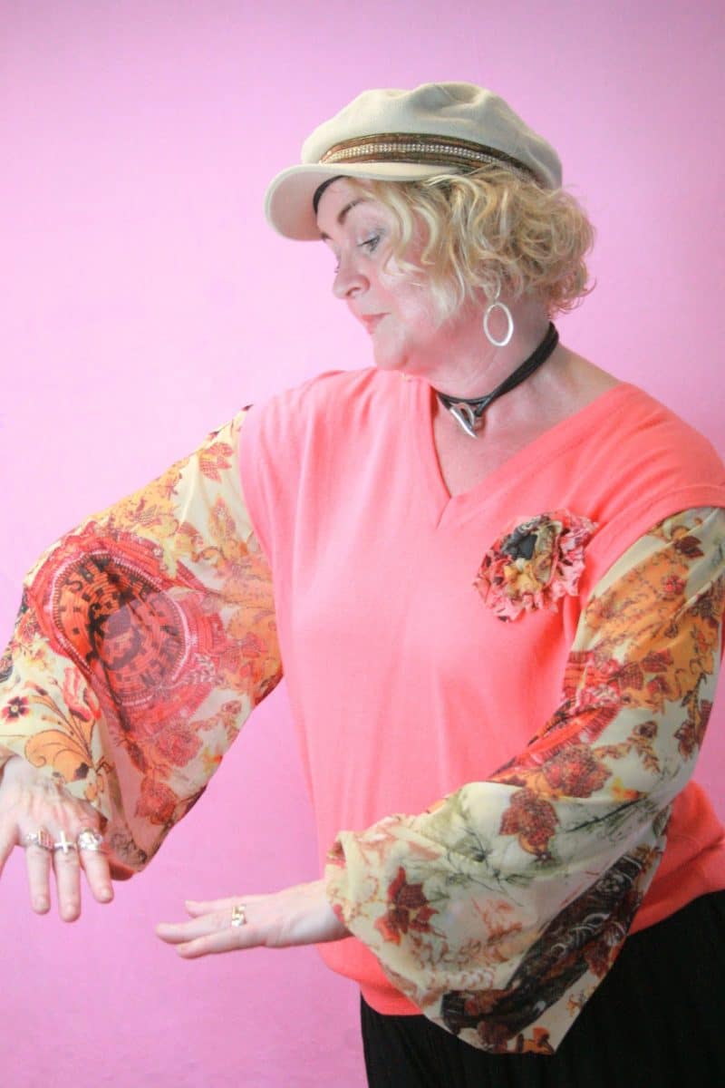 Q is for Quirky "Mash-up" Peach Knit V Neck with Mesh Balloon Sleeves
