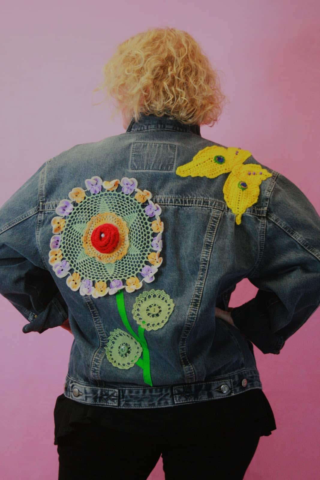 Q is for Quirky One-off Upcycled "Crochet Flowers" Denim Jacket - Image 3
