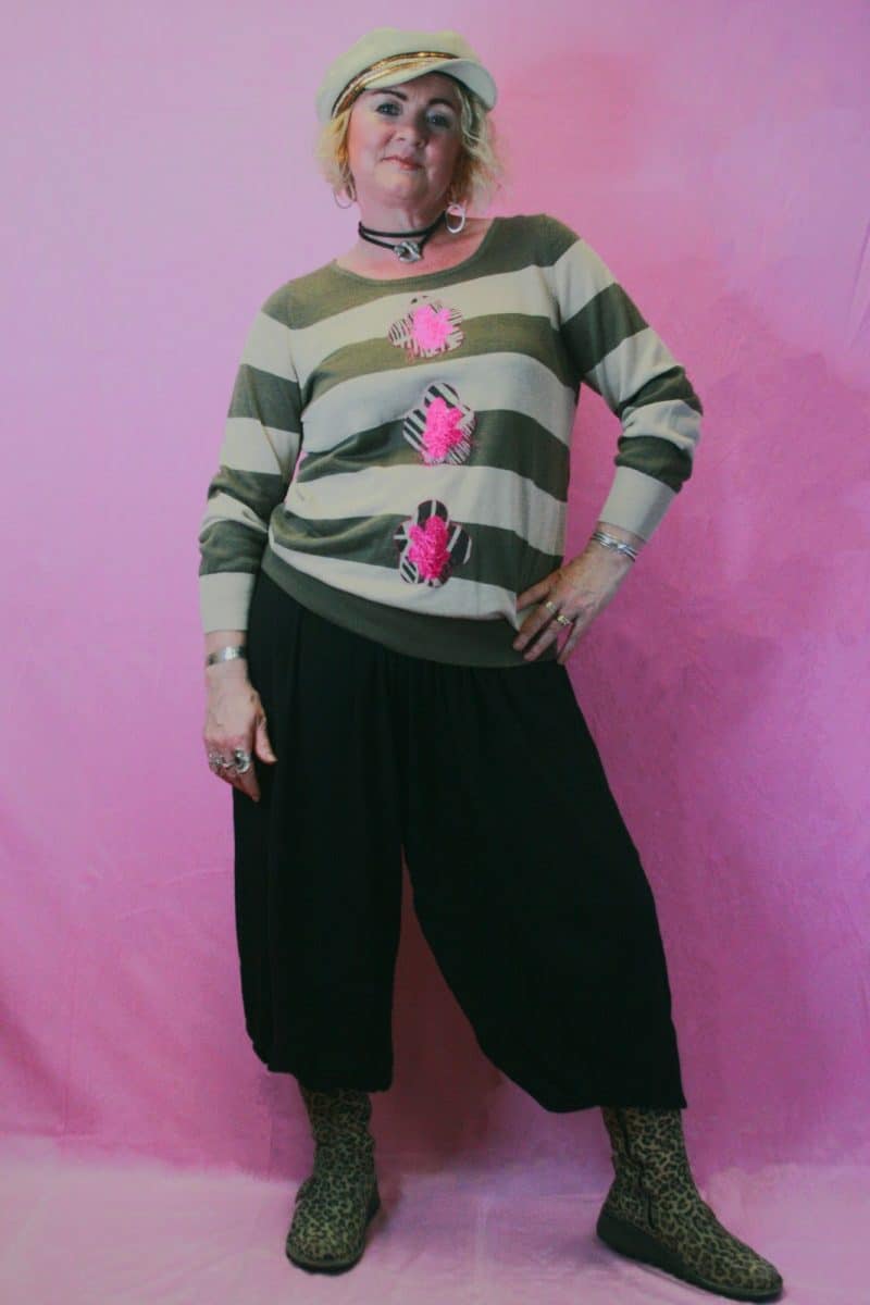 Q is for Quirky, Taupe, Striped Knit Embellished Jumper