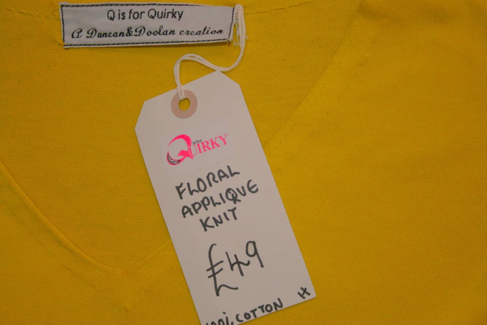 Q is for Quirky, Upcycled Flower Appliqué, Bright Yellow Knit - Image 4