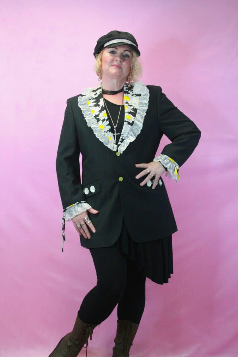 Q is for Quirky Black/Daisy Upcycled Suit Jacket 12/14