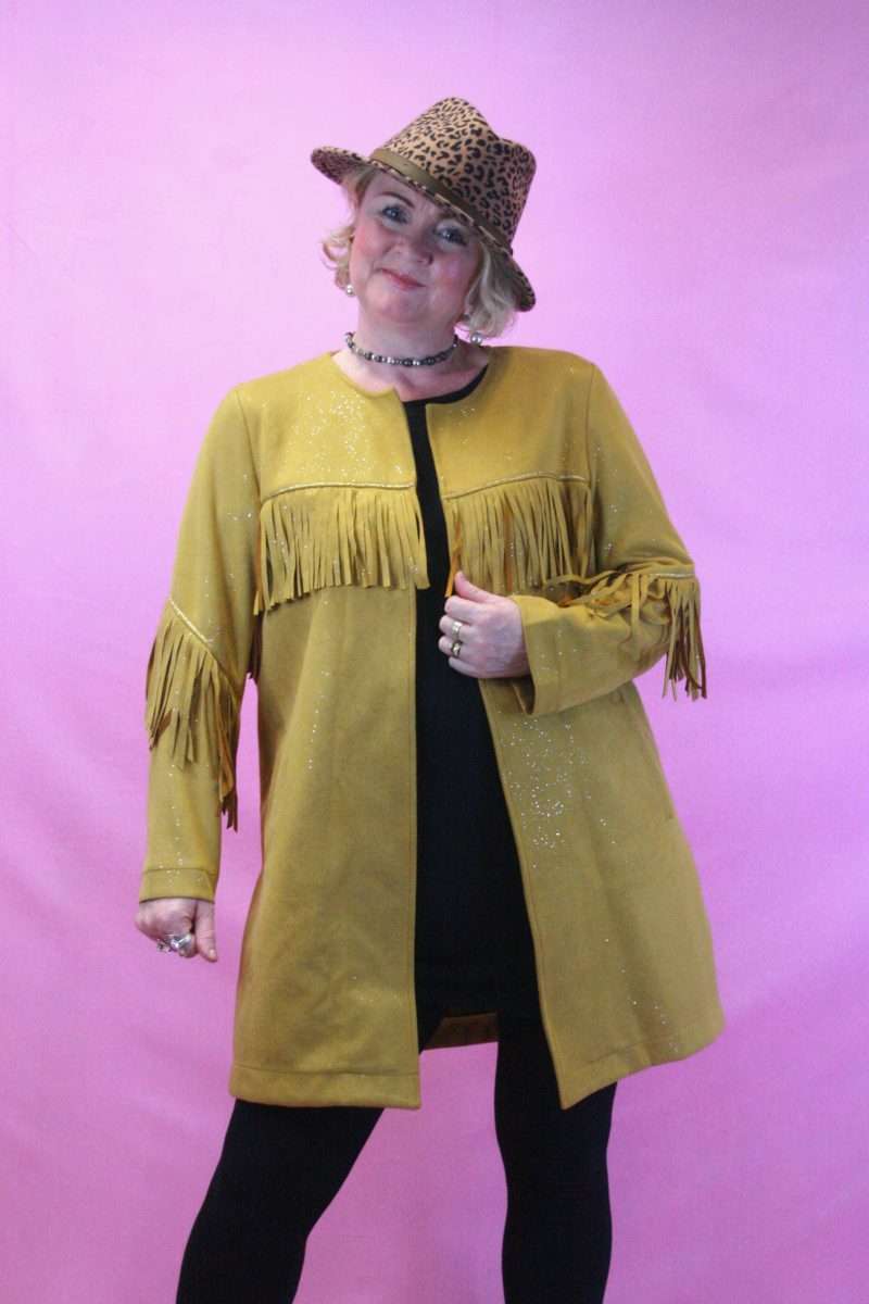 Jayley Glitter Faux Suede Mustard Fringed Jacket O/S