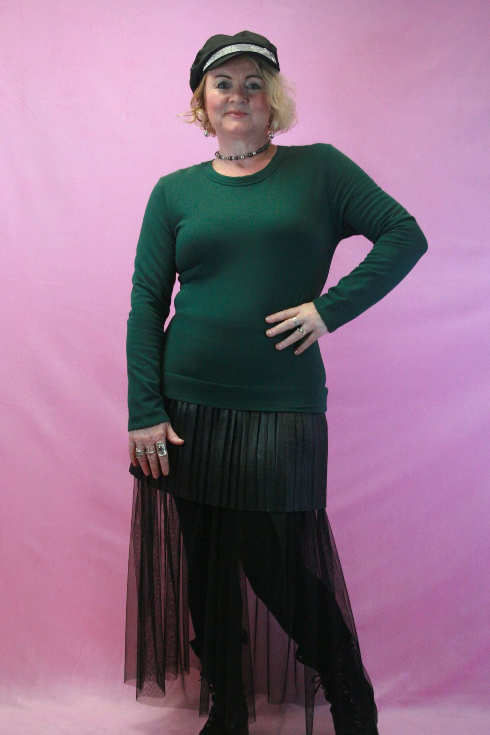 Stella Milano Quirky Green Dress with Tulle & Pleating O/S