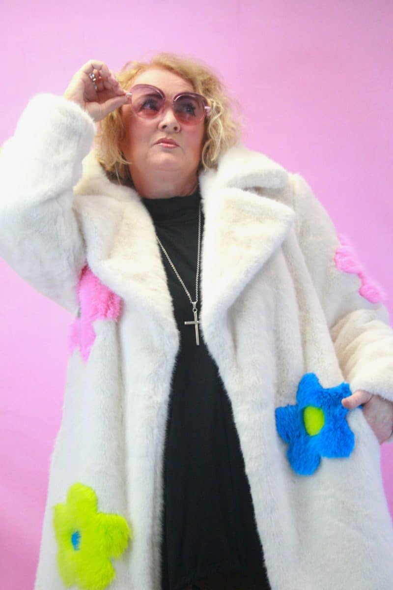 Jayley Faux Fur Flowers “Happy” Coat - White