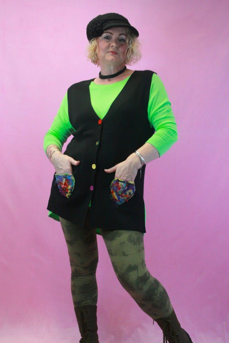 Q is for Quirky, Black Waistcoat with Heart Pockets