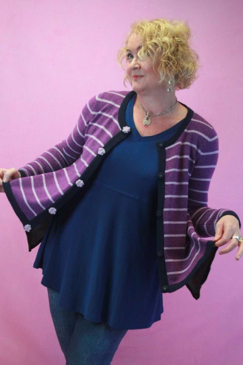 Q is for Quirky, Purple wool/velvet Upcycled Asymmetric Cardigan 10-12Q059