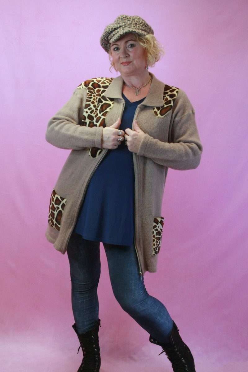 Q is for Quirky, Giraffe Print Zip Wool Upcycled Cardigan 12-16