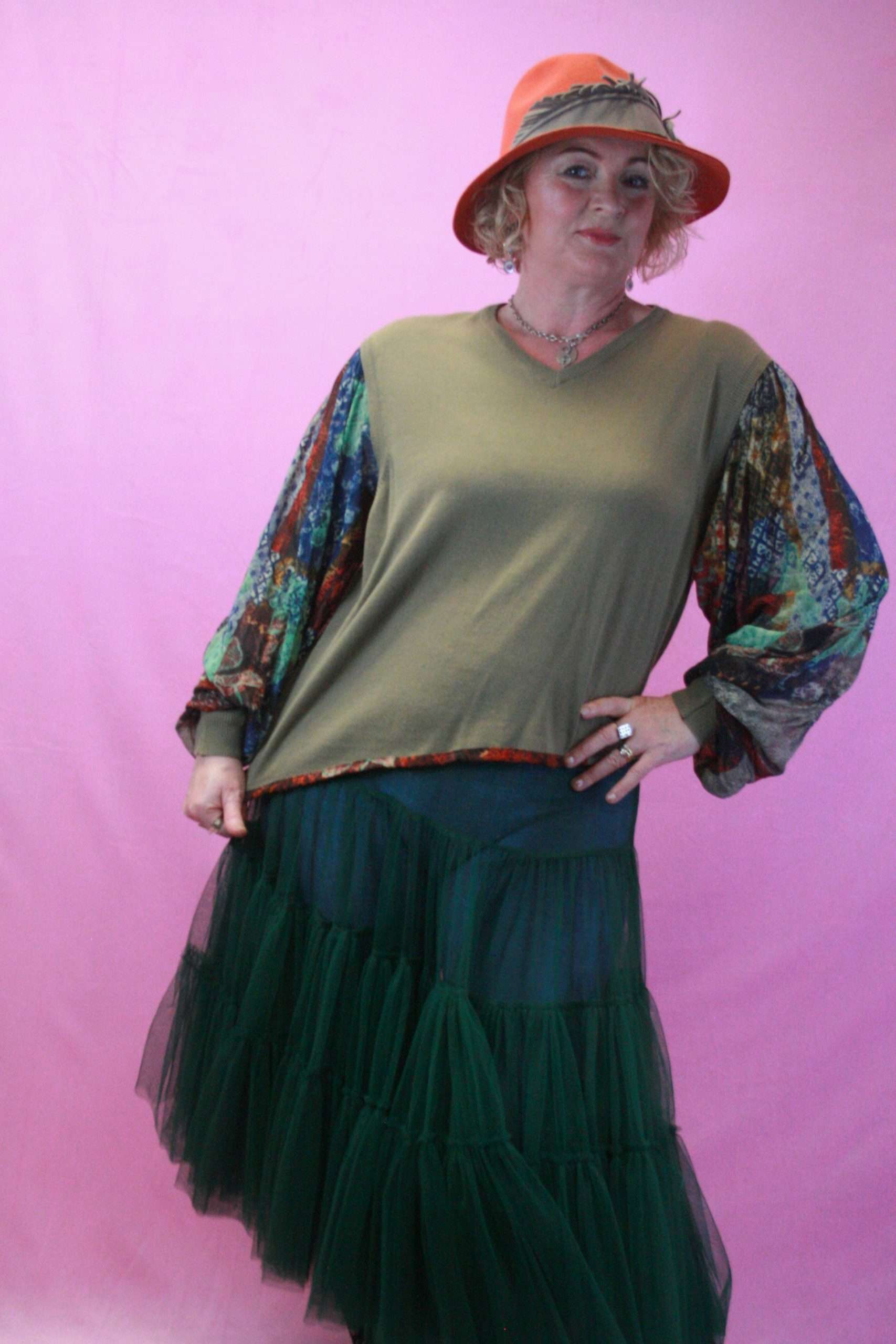 Q is for Quirky, Green Balloon Sleeved Upcycled One-Off Knit 10-16 - Image 3
