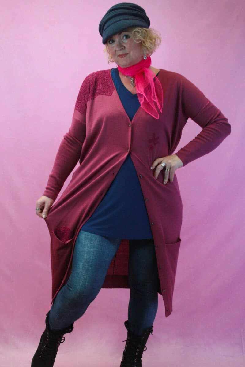 Q is for Quirky, Plum Longline Cardigan with Hand Finished Lace Detail 8-12