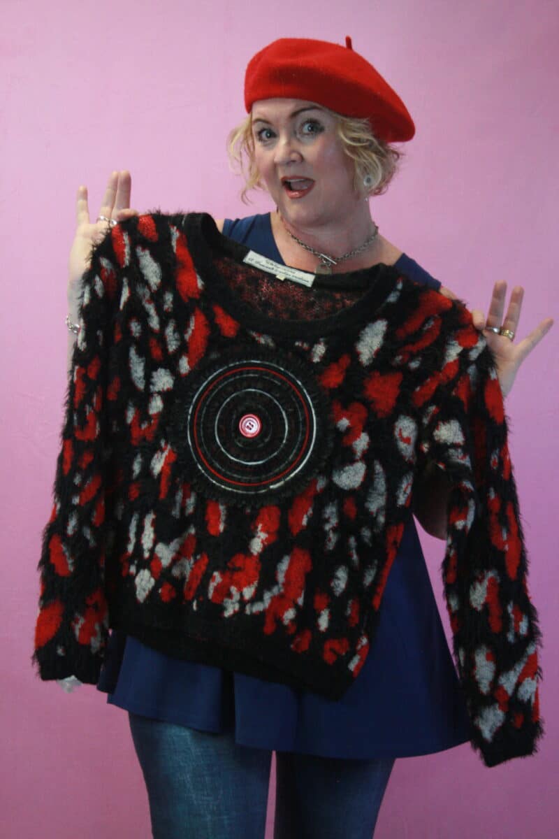 Q is for Quirky, Red/Black Eyelash Knit Upcycled Bullseye Knit 6-10