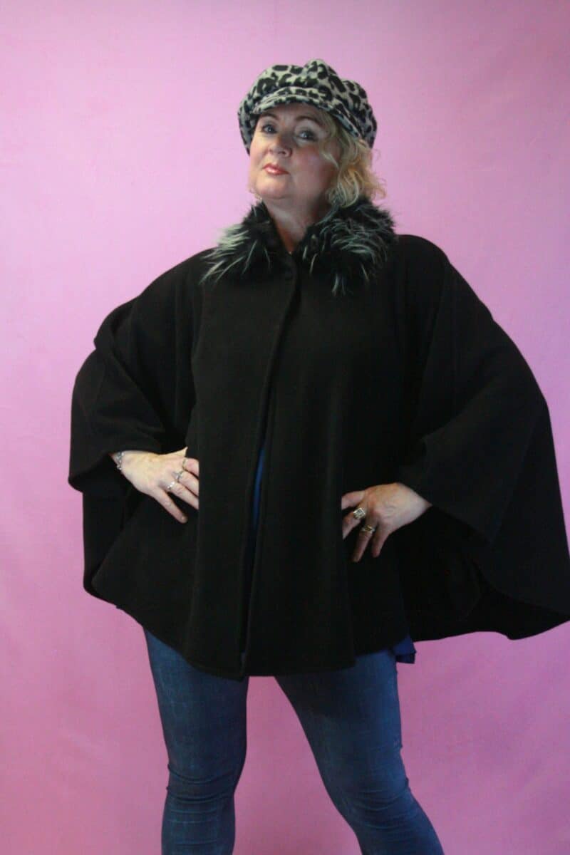 Q is for Quirky, Upcycled Black Fleece & Faux Fur Cape O/S