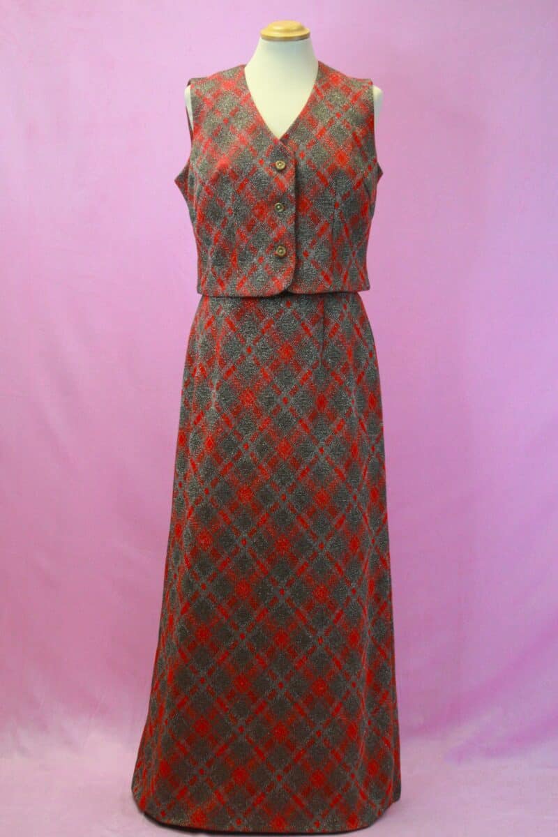 Vintage Red Check Lurex 2pc Maxi Skirt/ Waistcoat M/L