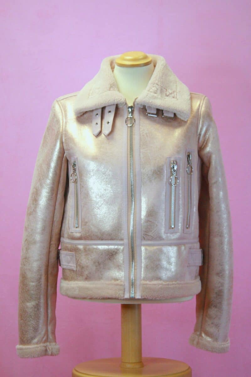 MOCHY Faux Shearling Pink Metallic Aviator Jacket 10