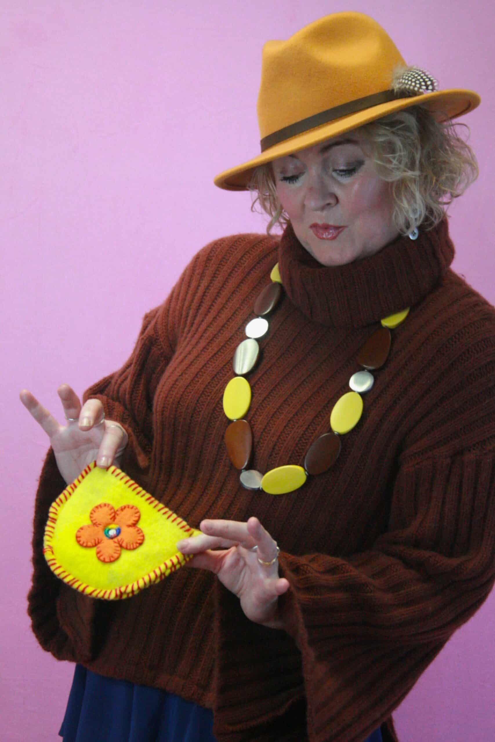 Q is for Quirky, Brown/Yellow One-Off Upcycled Knit & Necklace 12-16 - Image 3