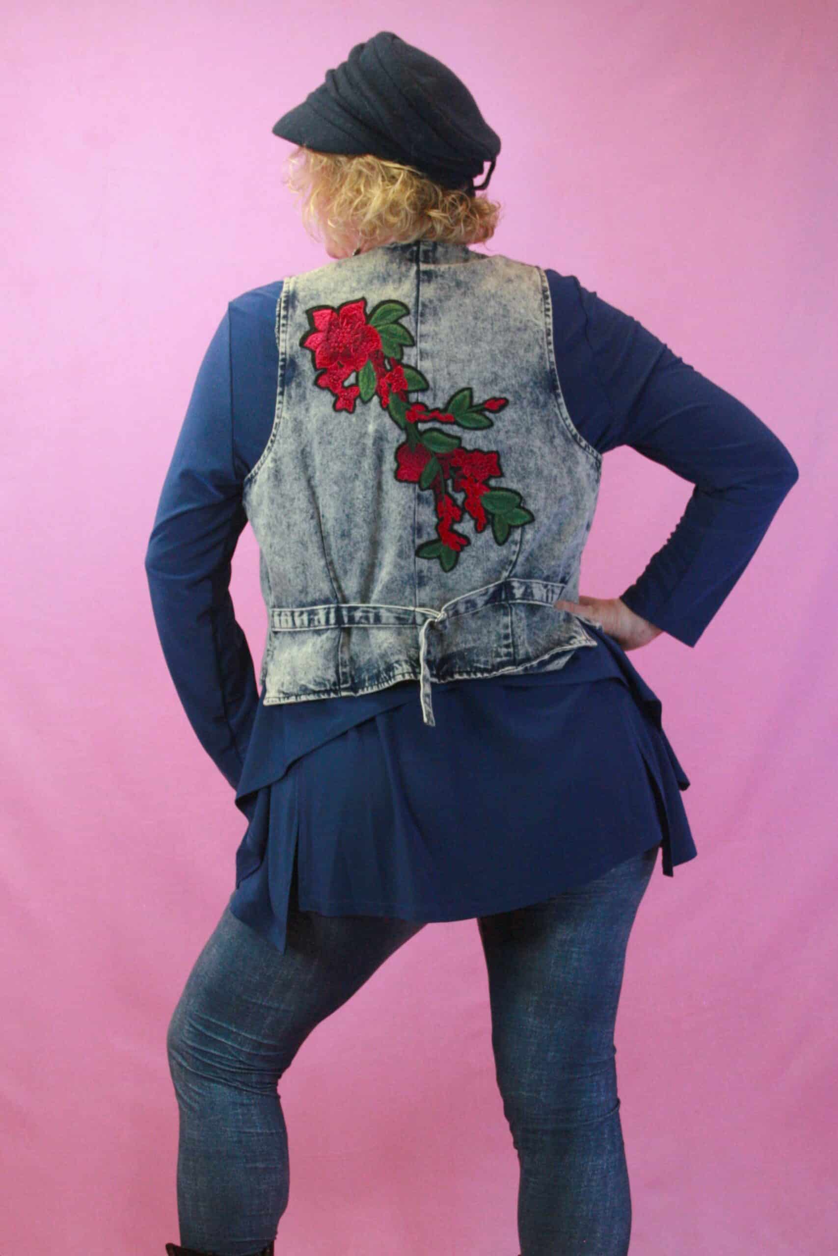 Q is for Quirky, Denim Upcycled Floral Waistcoat 8-12 - Image 2