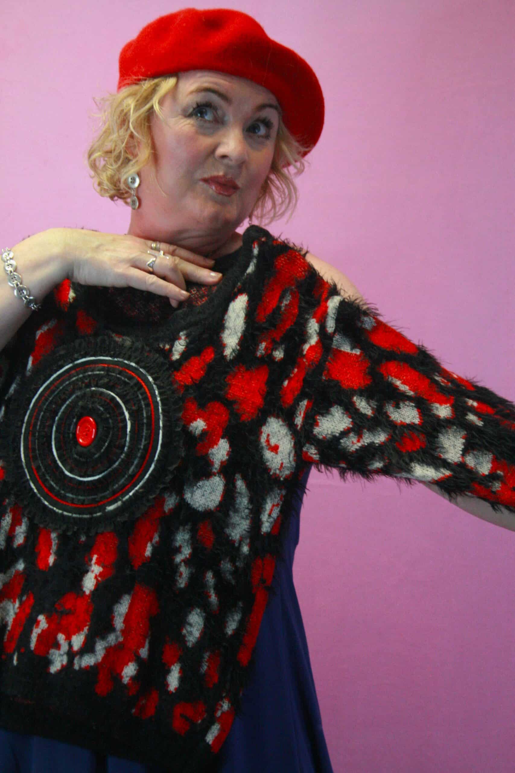 Q is for Quirky, Red/Black Eyelash Knit Upcycled Bullseye Knit 6-10 - Image 3