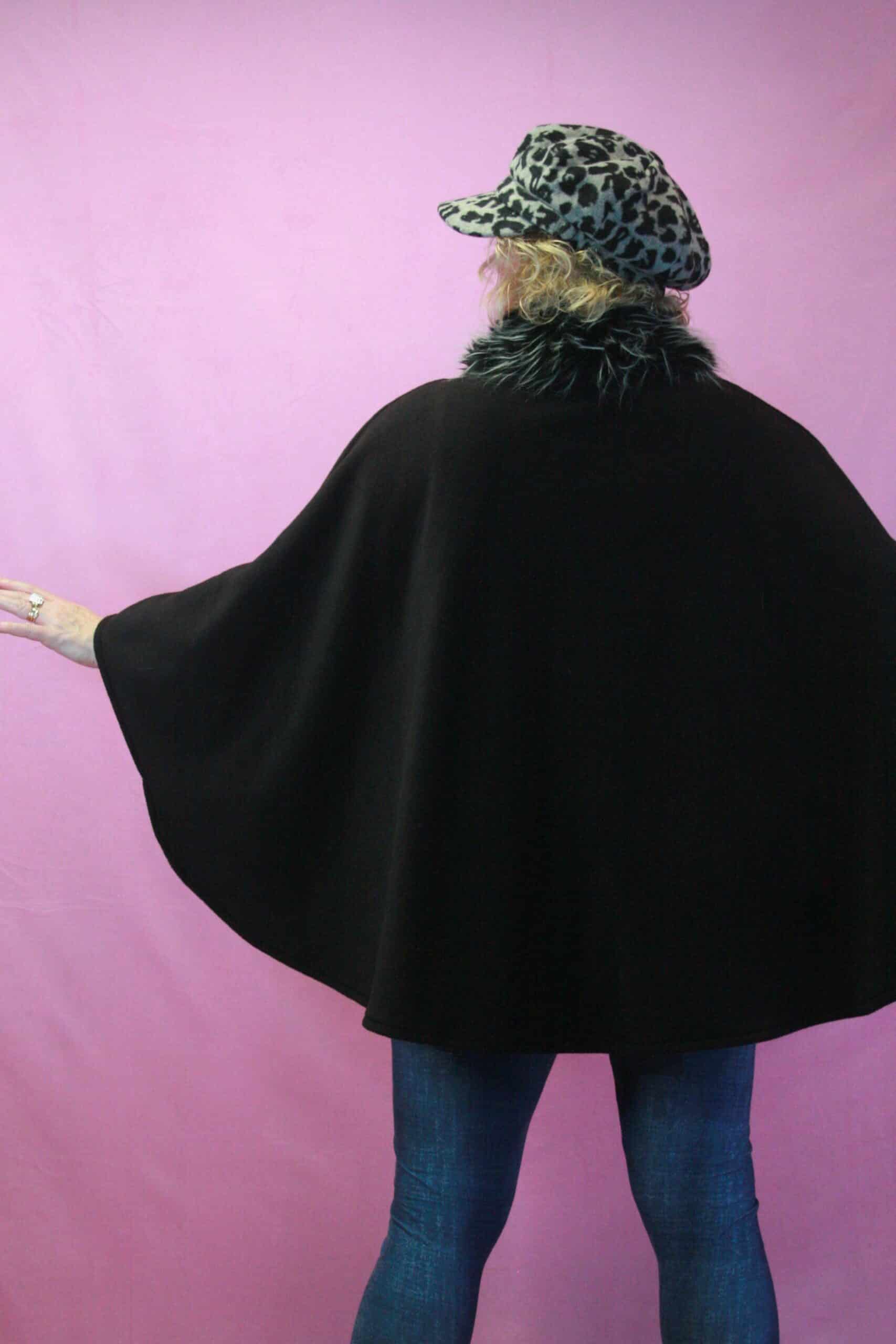 Q is for Quirky, Upcycled Black Fleece & Faux Fur Cape O/S - Image 2
