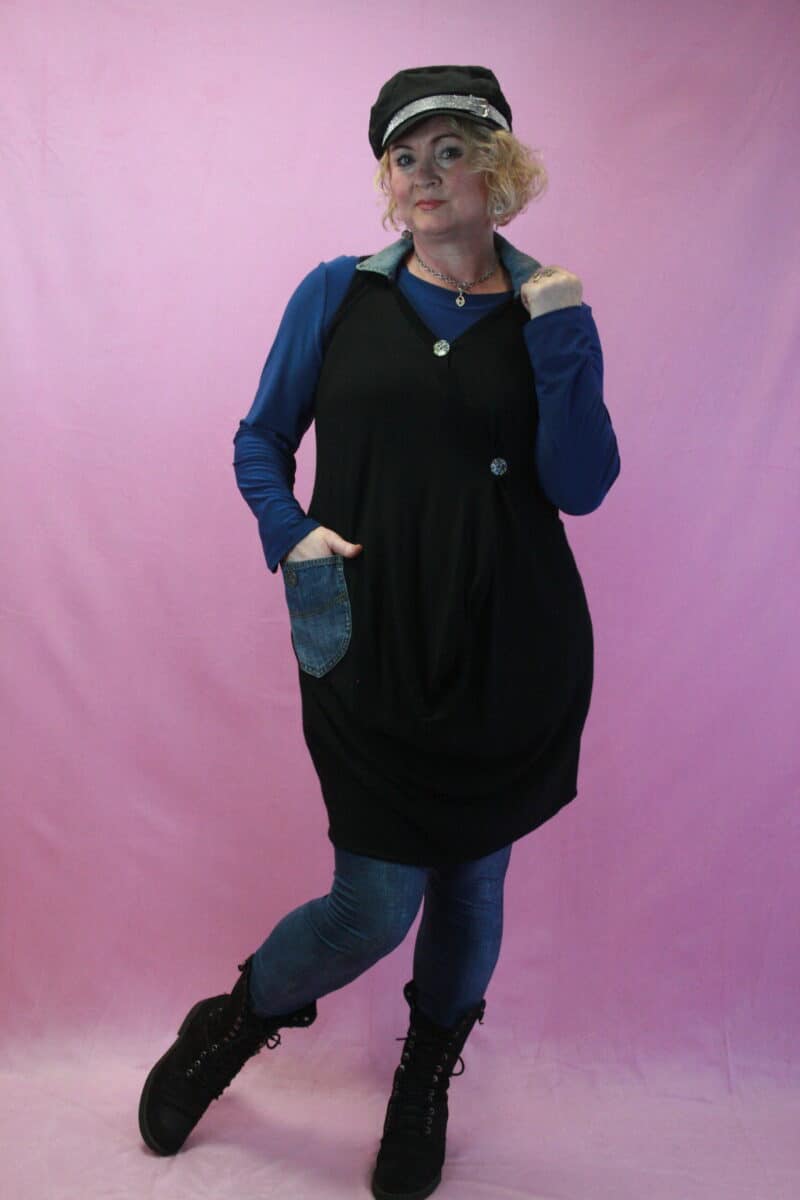 Q is for Quirky, Black Fine Wool Adymmetric Upcycled Knit Dress 8-12