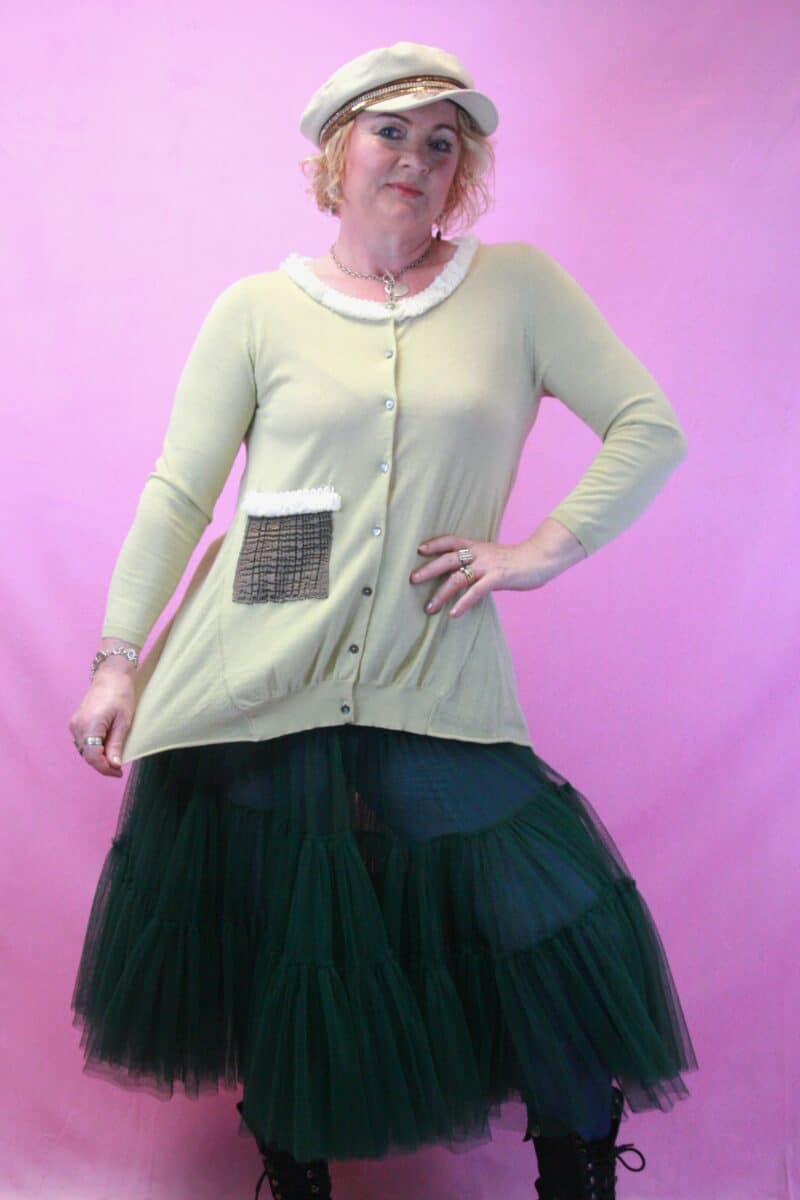 Q is for Quirky, Pistachio Fine Knit Upcycled Cardigan 10-12