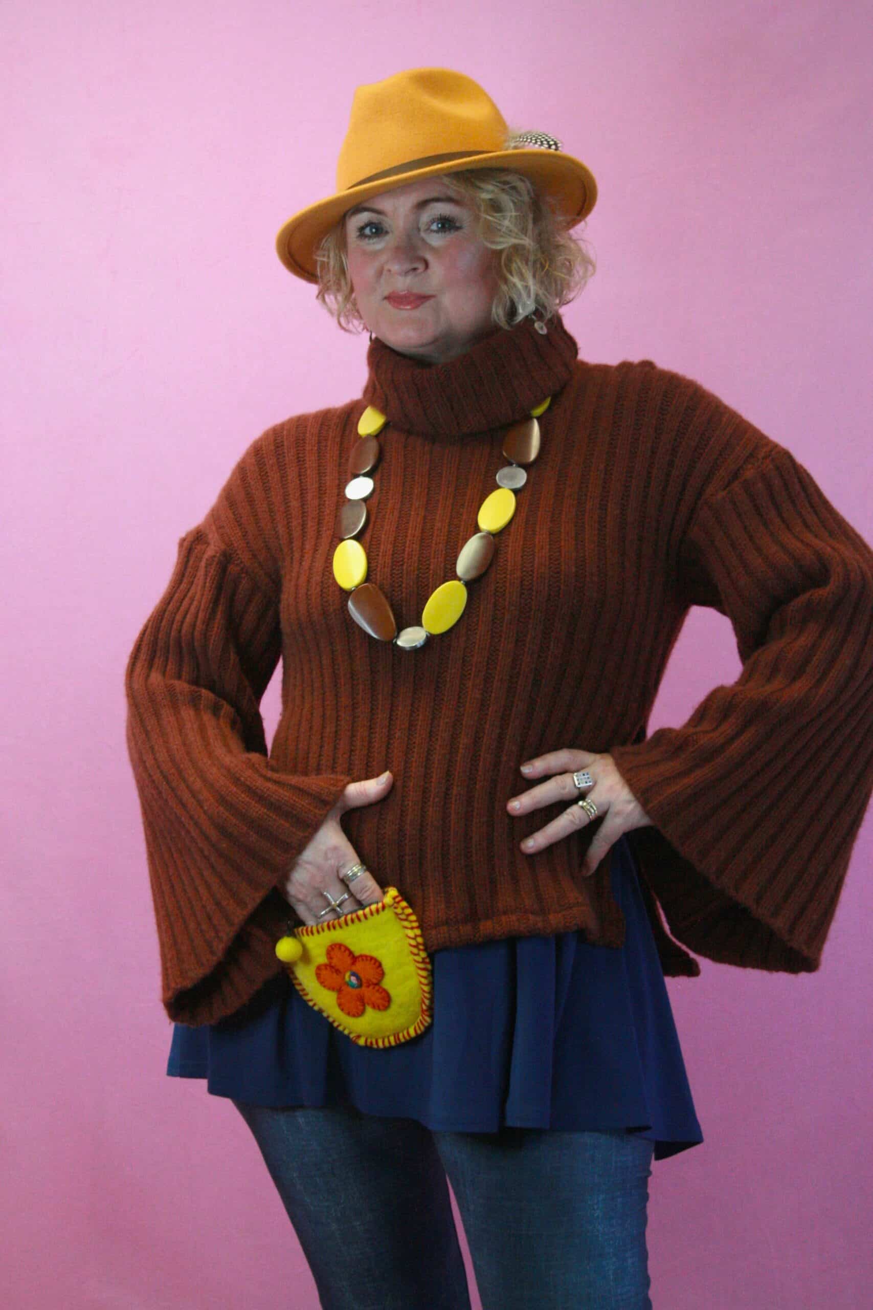 Q is for Quirky, Brown/Yellow One-Off Upcycled Knit & Necklace 12-16