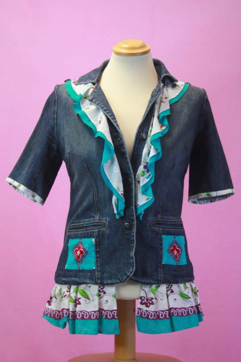 Q is for Quirky, Denim Upcycled Frill Button Jacket 8-10
