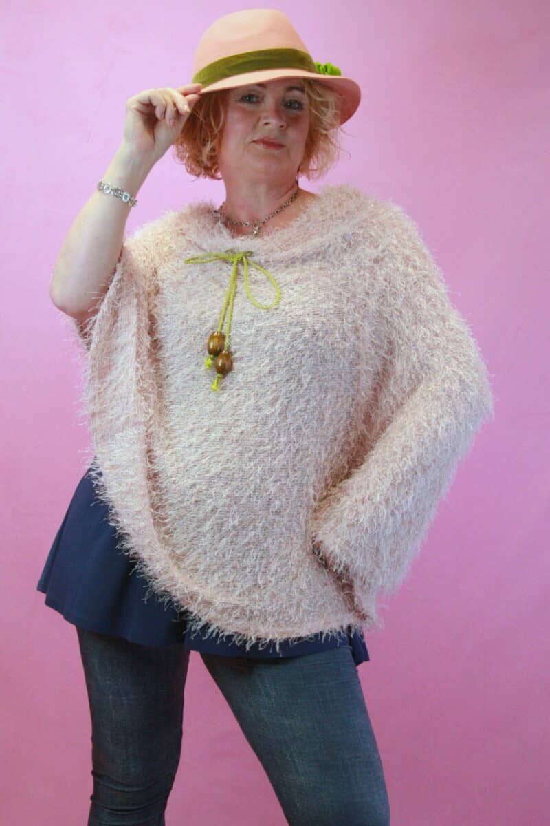 Q is for Quirky, Pink Eyelash Knit Upcycled Poncho O/S