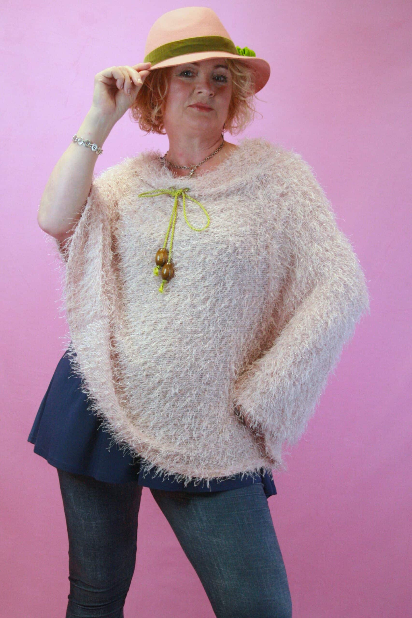 Q is for Quirky, Pink Eyelash Knit Upcycled Poncho O/S