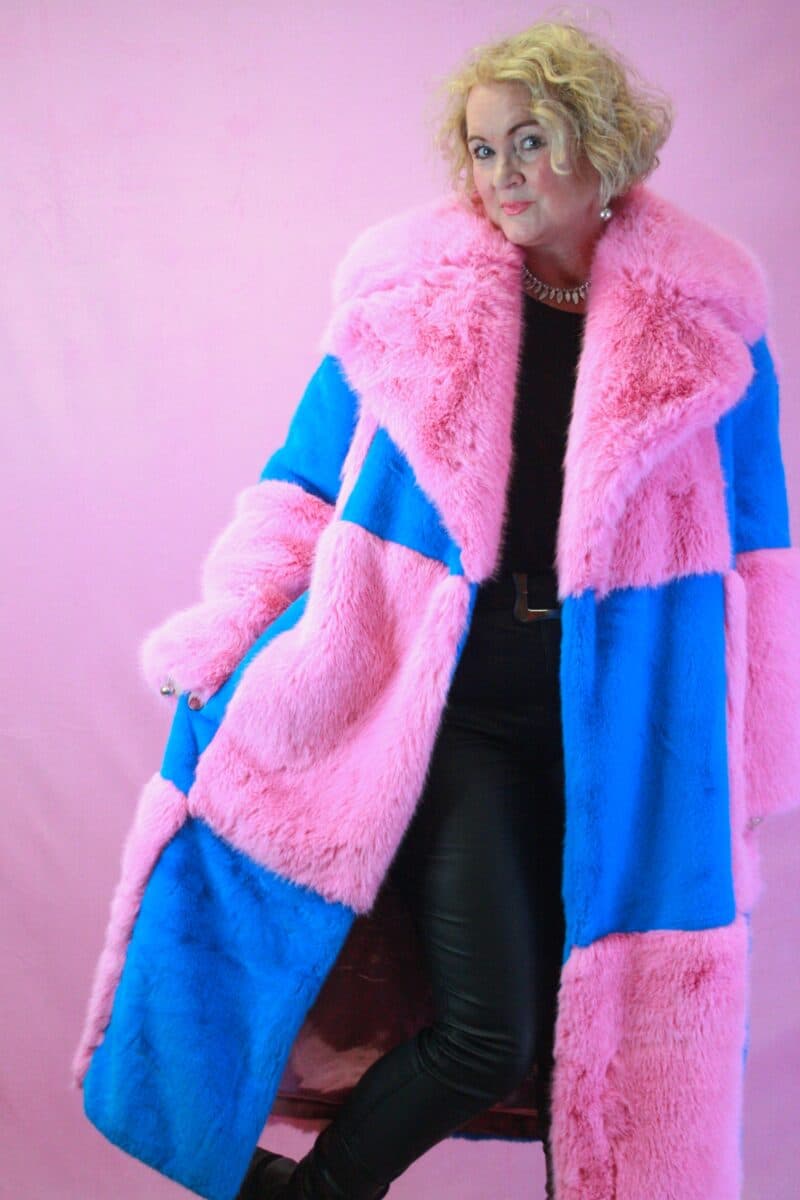 Jayley Eco Faux Fur Pink / Blue Check Coat