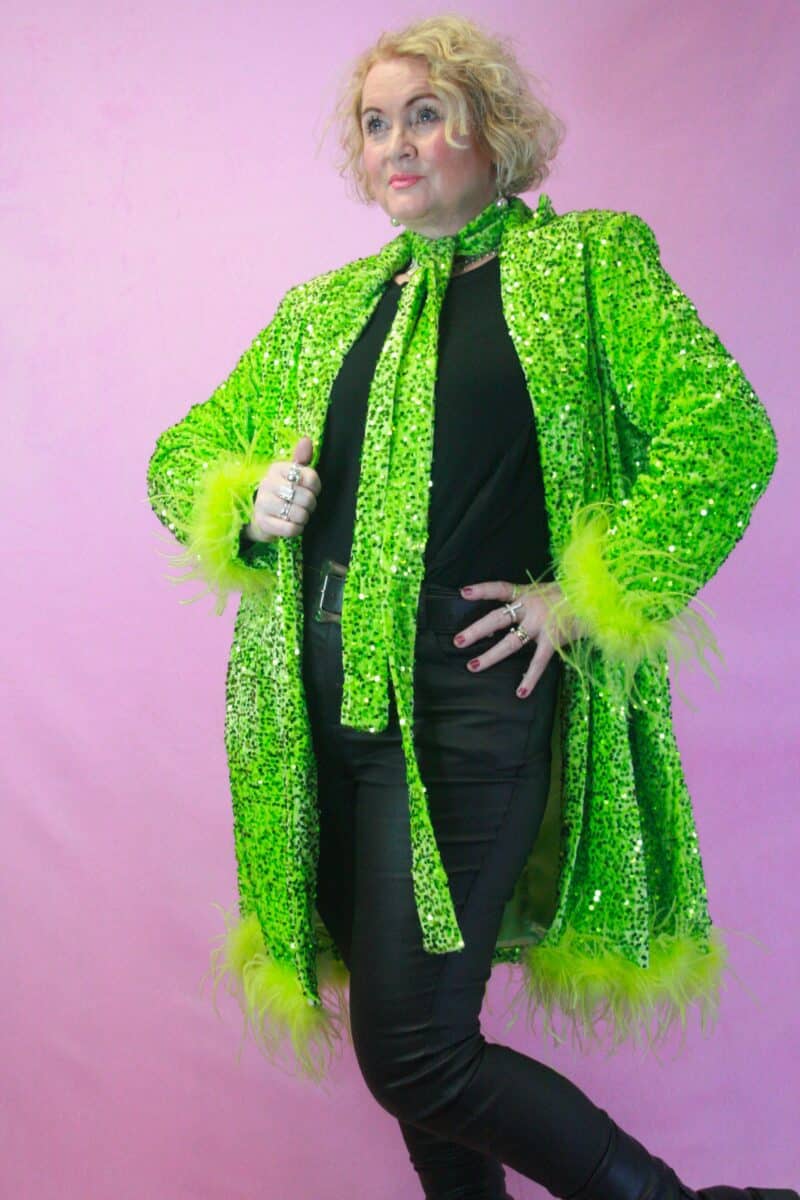 Jayley Green Sequin Feather Trim Trench L/ XL