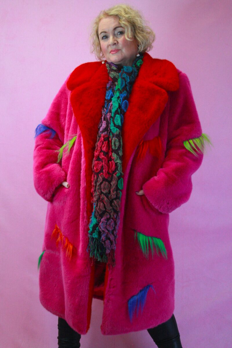 Jayley Pink / Red Faux Fur Eyelash Coat L/XL