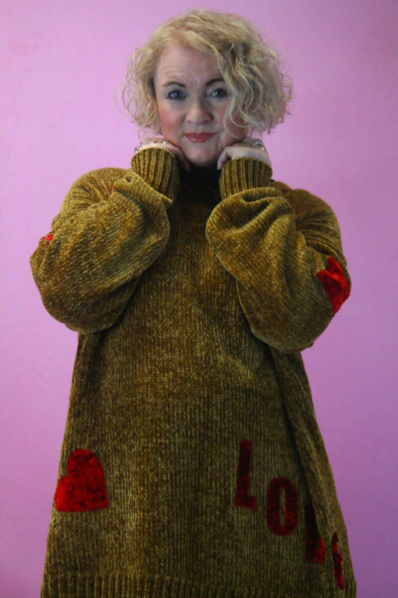 Q is for Quirky Tan Chenille  Upcycled “Love n Hearts” Knit O/S