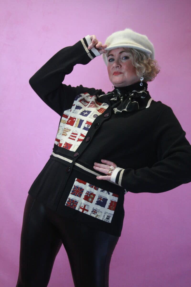 Q is for Quirky ‘Put the Flags Out’ Upcycled Black Buttoned Cardigan 20/22