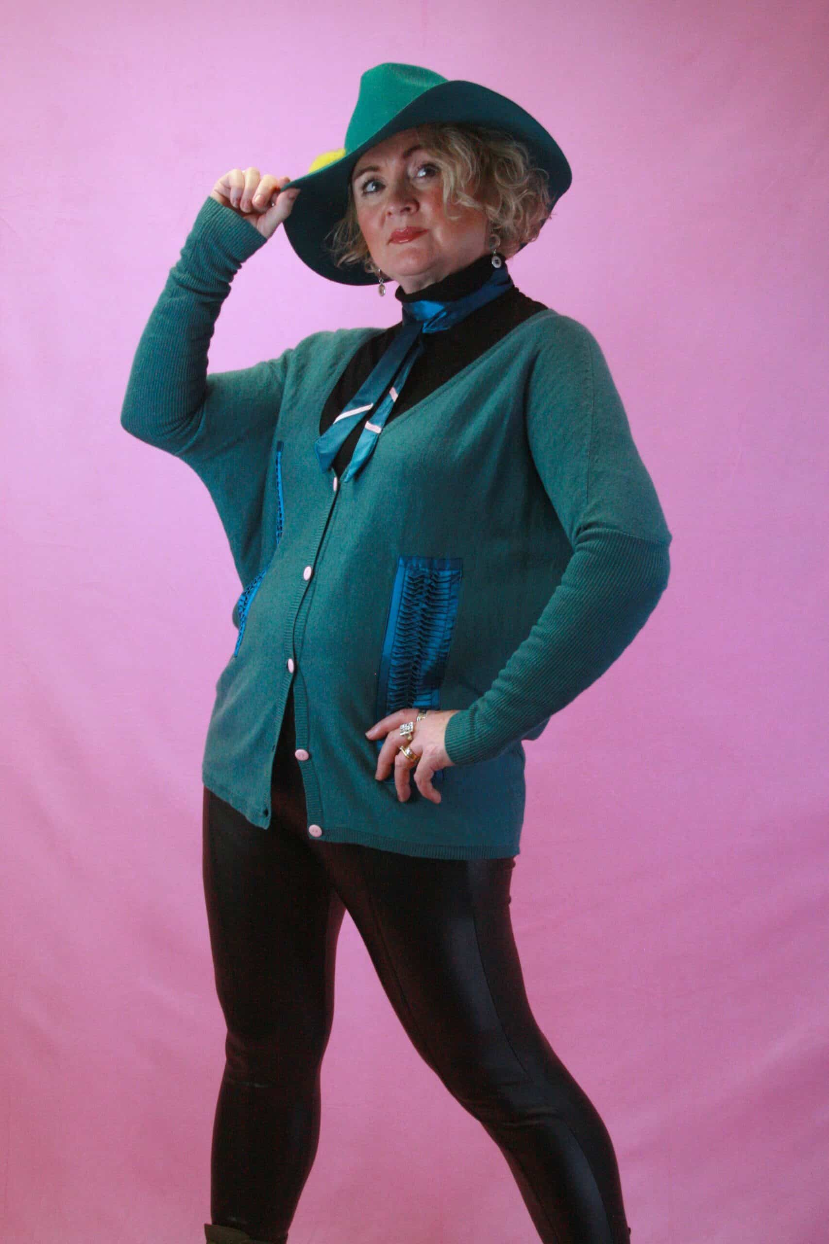 Q is for Quirky ‘Feel the Teal’ Upcycled Linen Cardigan & Tie 10/12