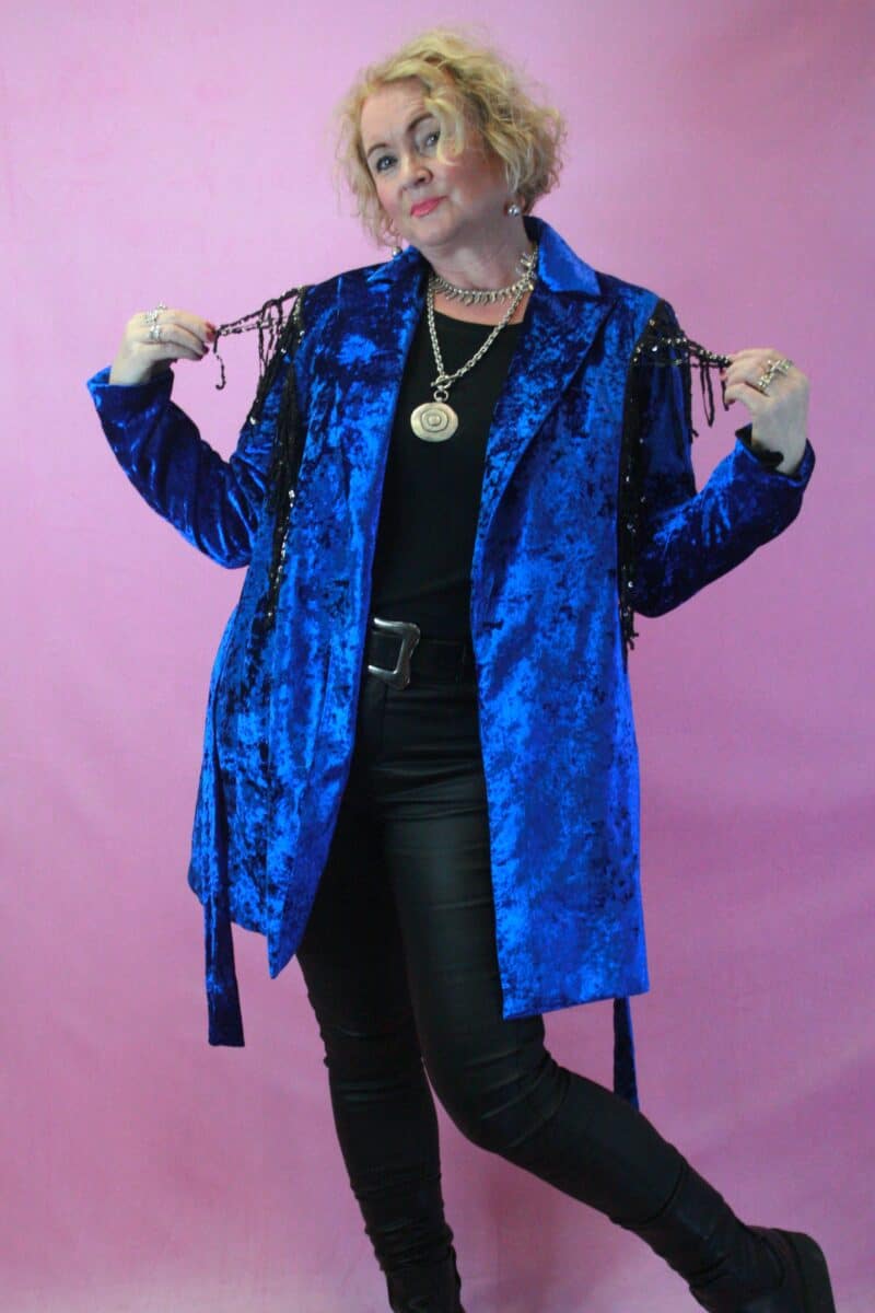 Jayley Blue Crushed Velvet and Sequin Fringe Jacket S/M