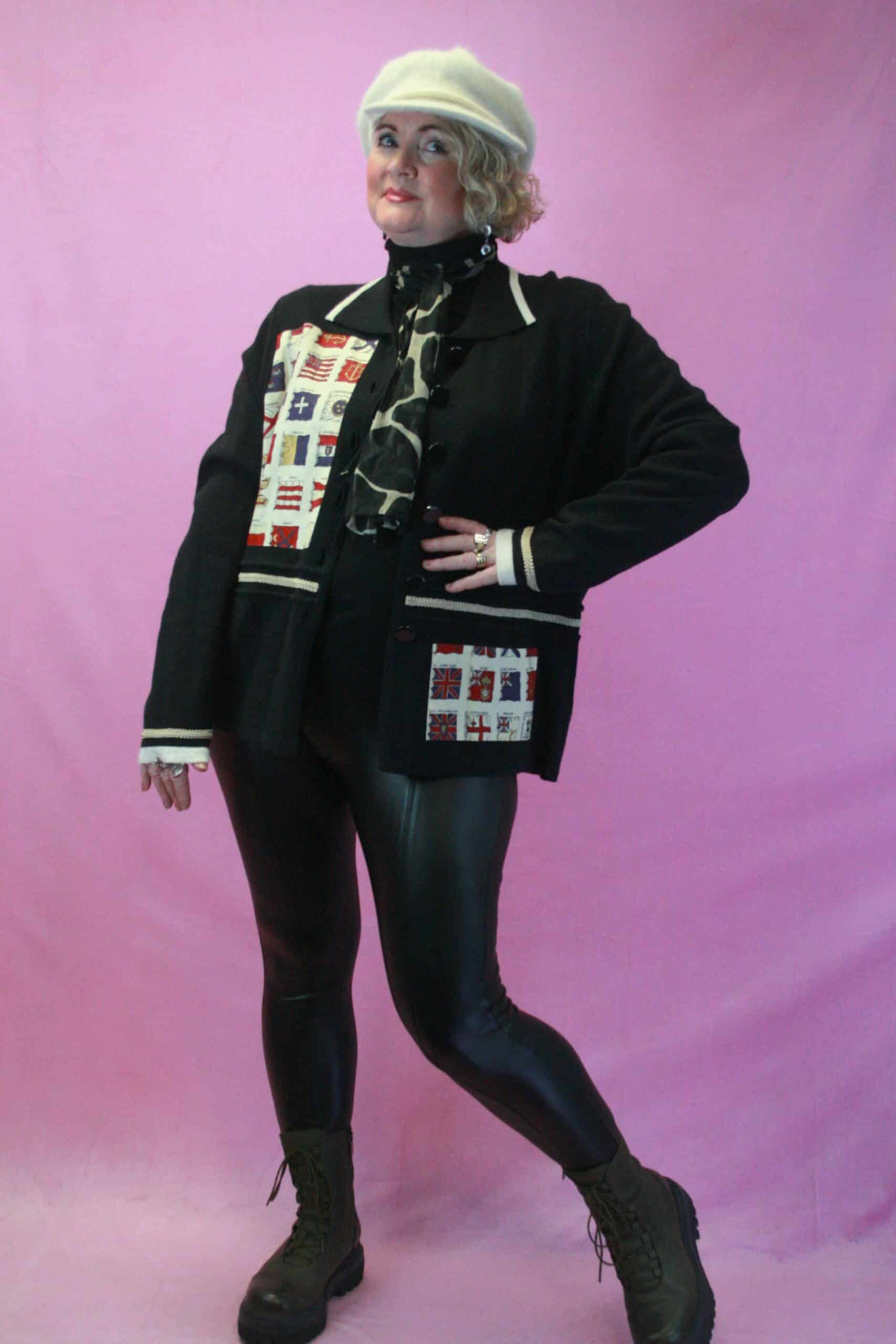 Q is for Quirky ‘Put the Flags Out’ Upcycled Black Buttoned Cardigan 20/22 - Image 4