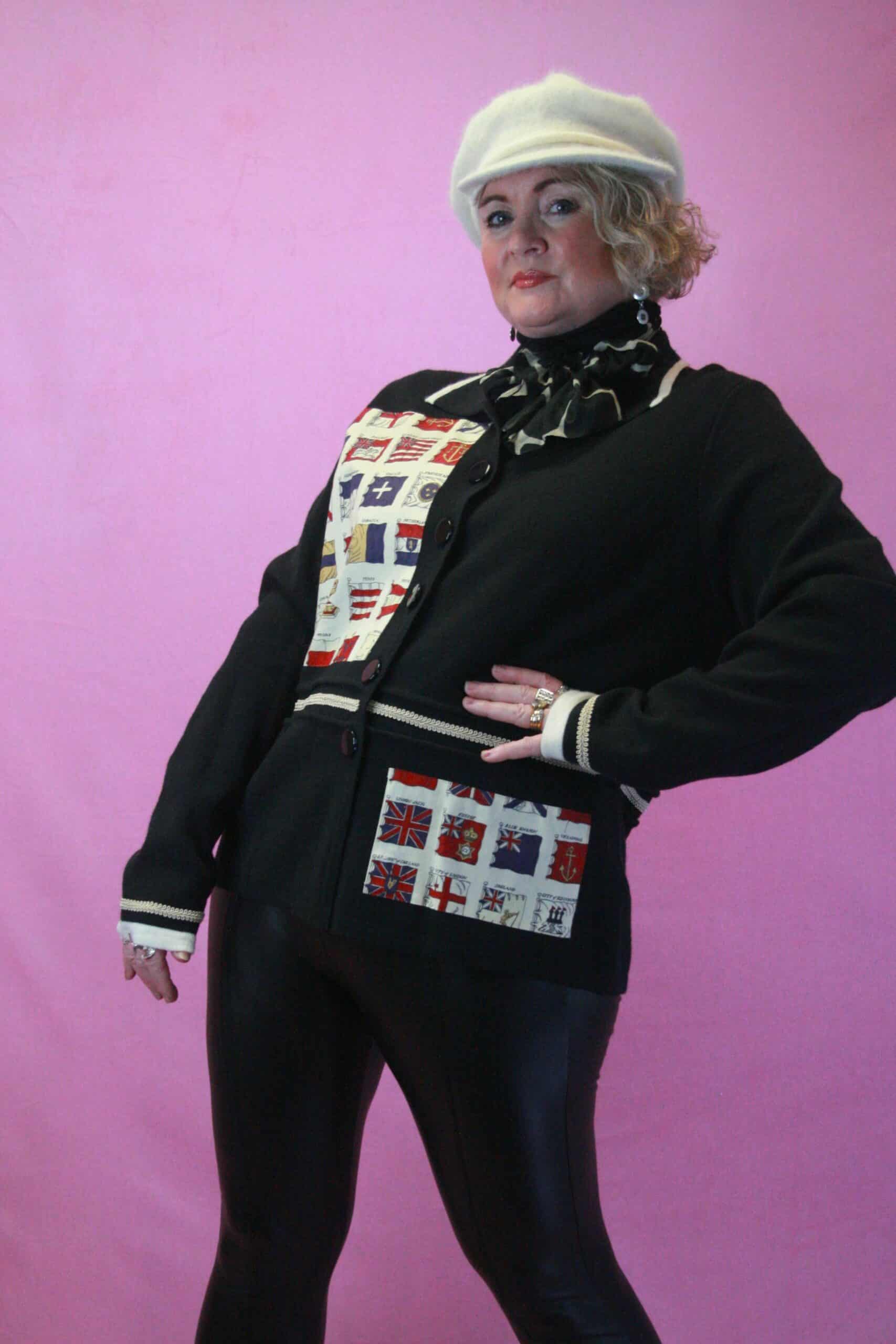 Q is for Quirky ‘Put the Flags Out’ Upcycled Black Buttoned Cardigan 20/22 - Image 3