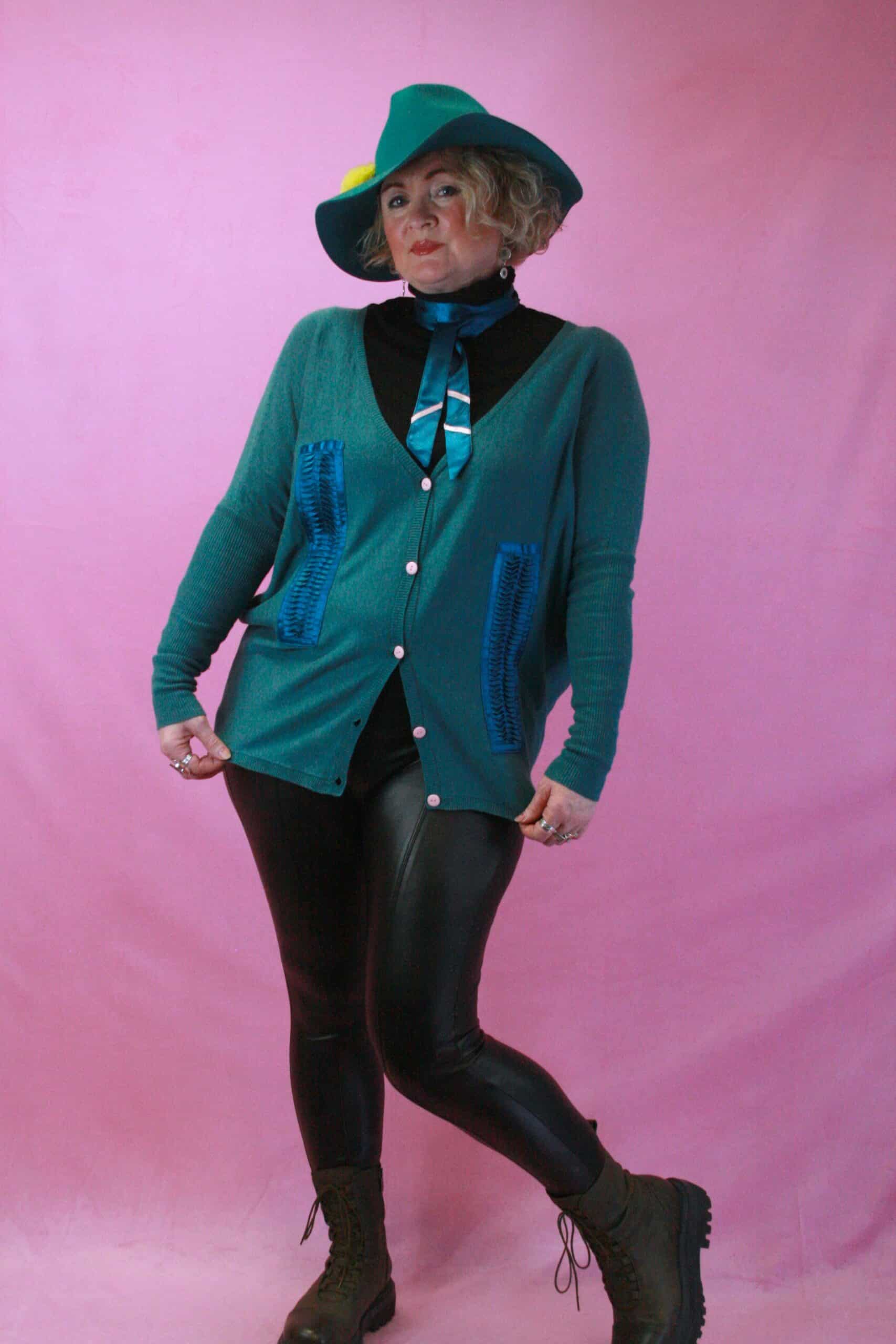 Q is for Quirky ‘Feel the Teal’ Upcycled Linen Cardigan & Tie 10/12 - Image 3