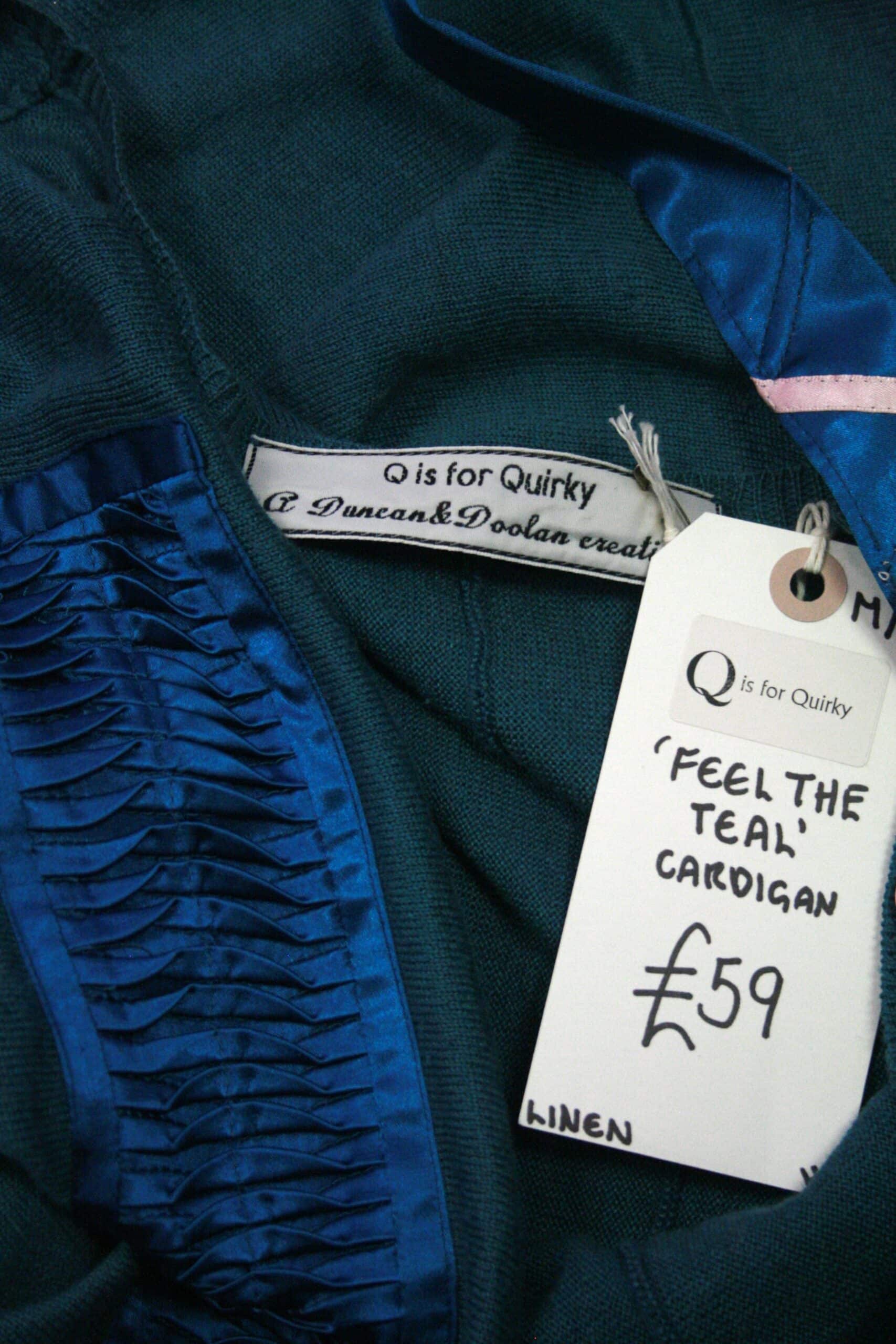 Q is for Quirky ‘Feel the Teal’ Upcycled Linen Cardigan & Tie 10/12 - Image 4