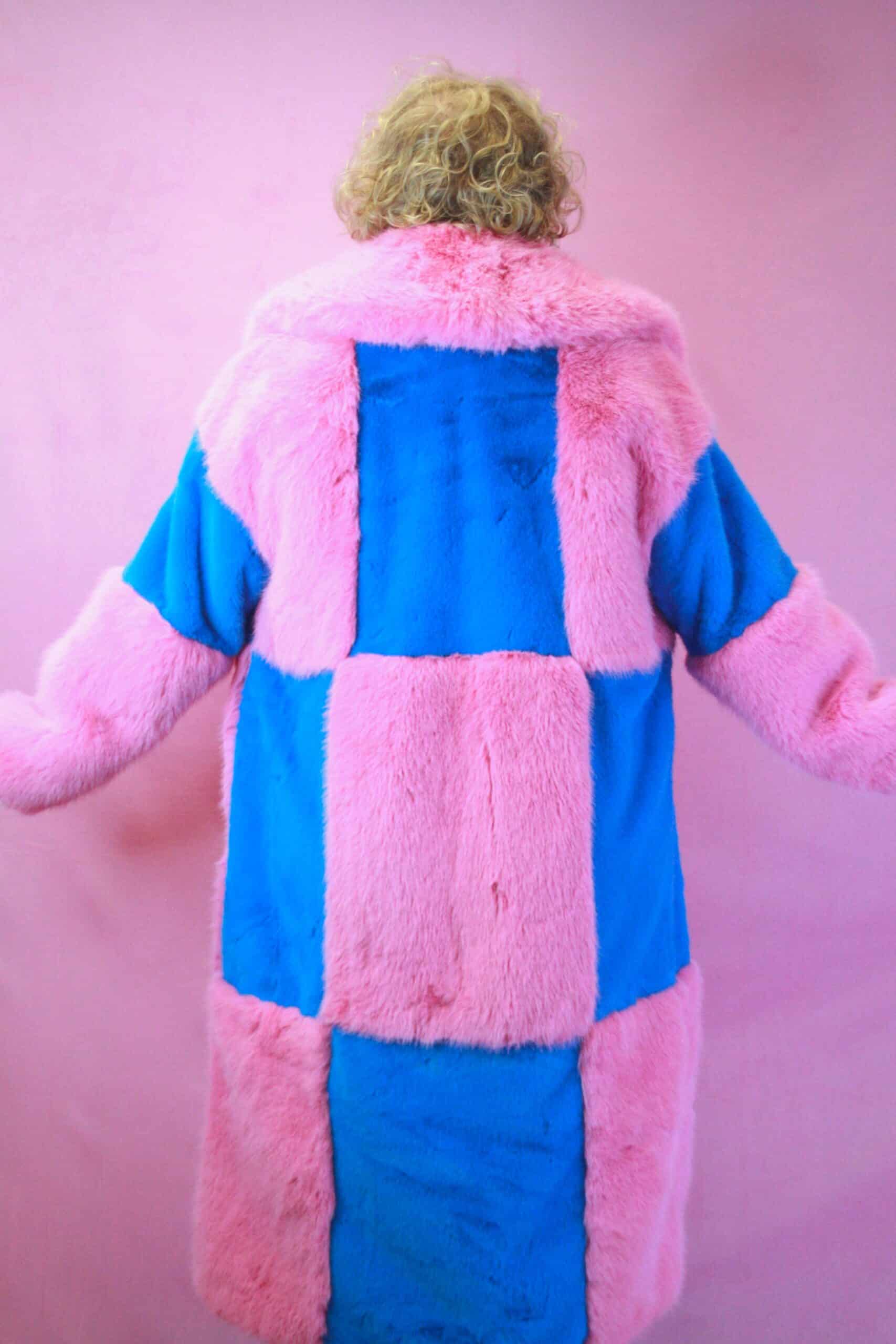 Jayley Eco Faux Fur Pink / Blue Check Coat - Image 2
