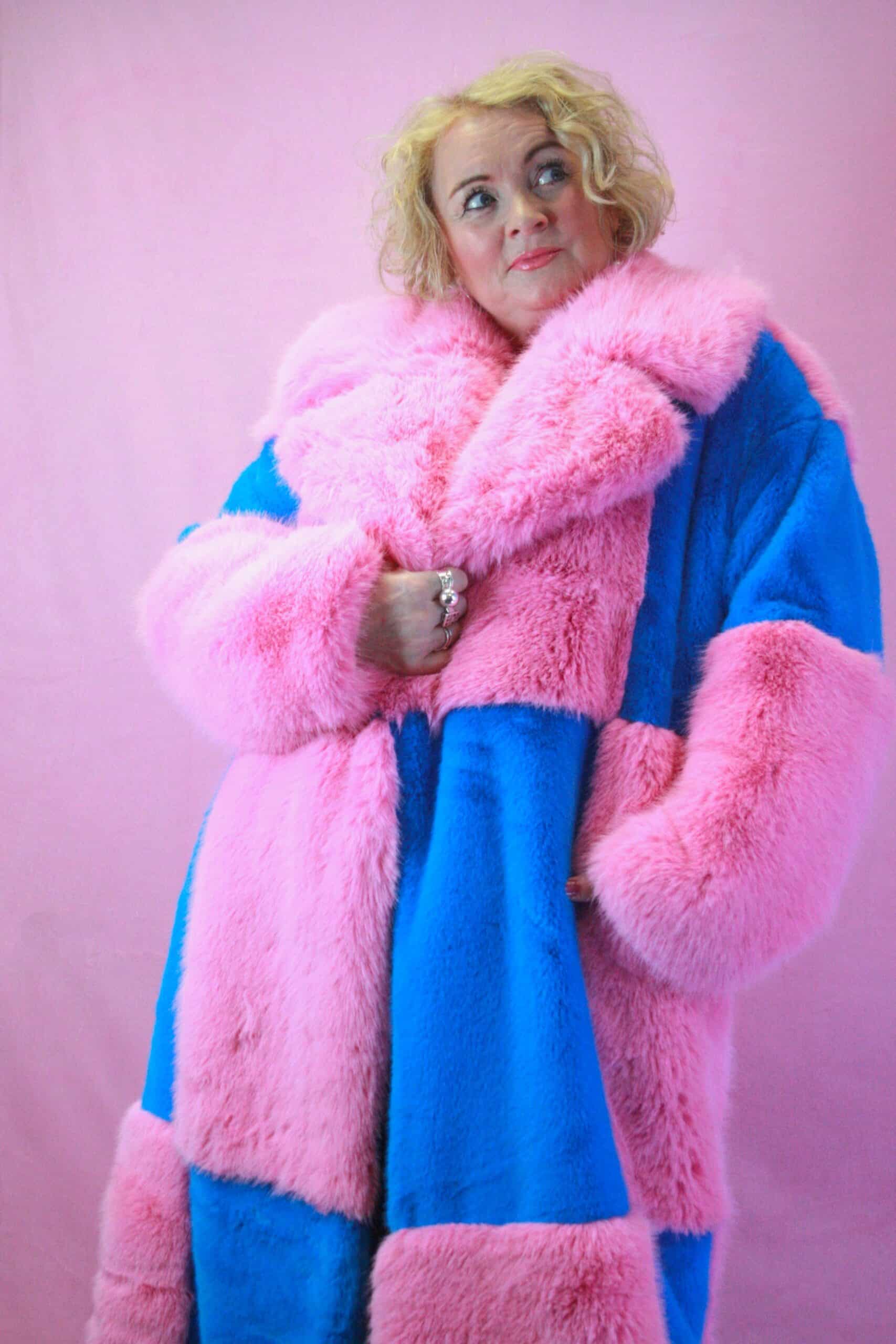 Jayley Eco Faux Fur Pink / Blue Check Coat - Image 3