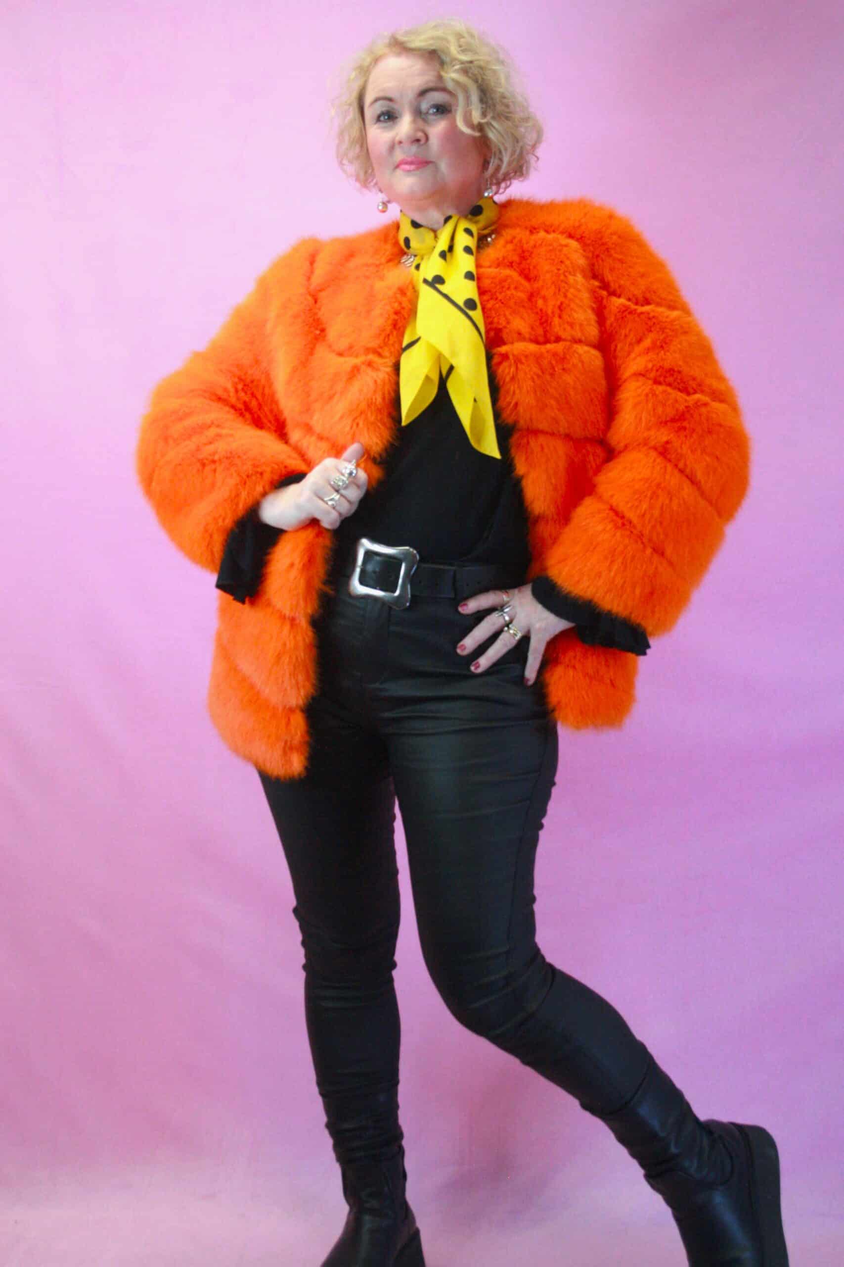 Jayley Orange Gaga Faux Fur Short Coat - Image 4